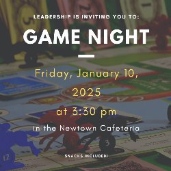 Leadership Club flyer for Game Night. Text over a background of a board game. All text on adjoining post.